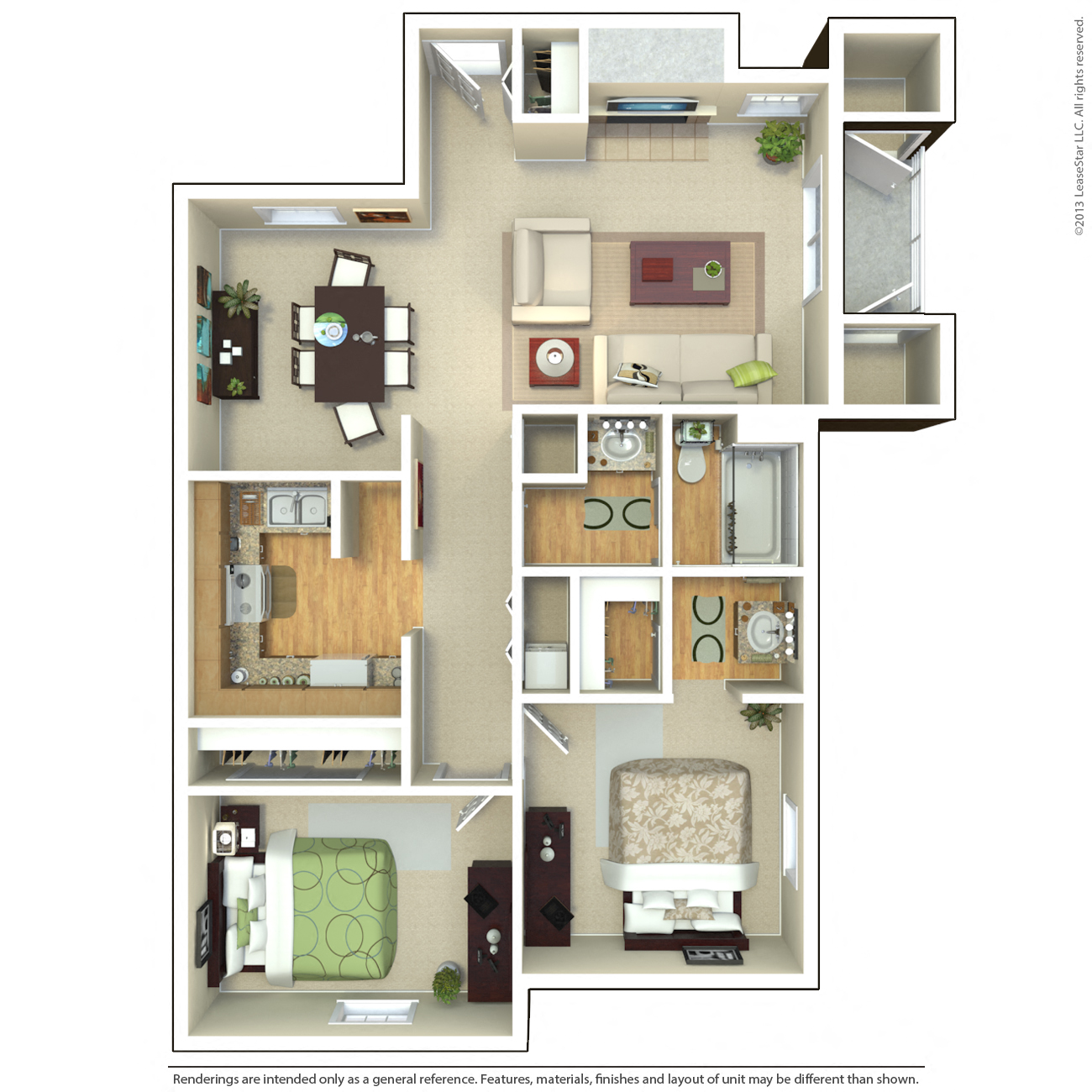 Floor plan for 2 beds, 1.3 baths, 950 sqft